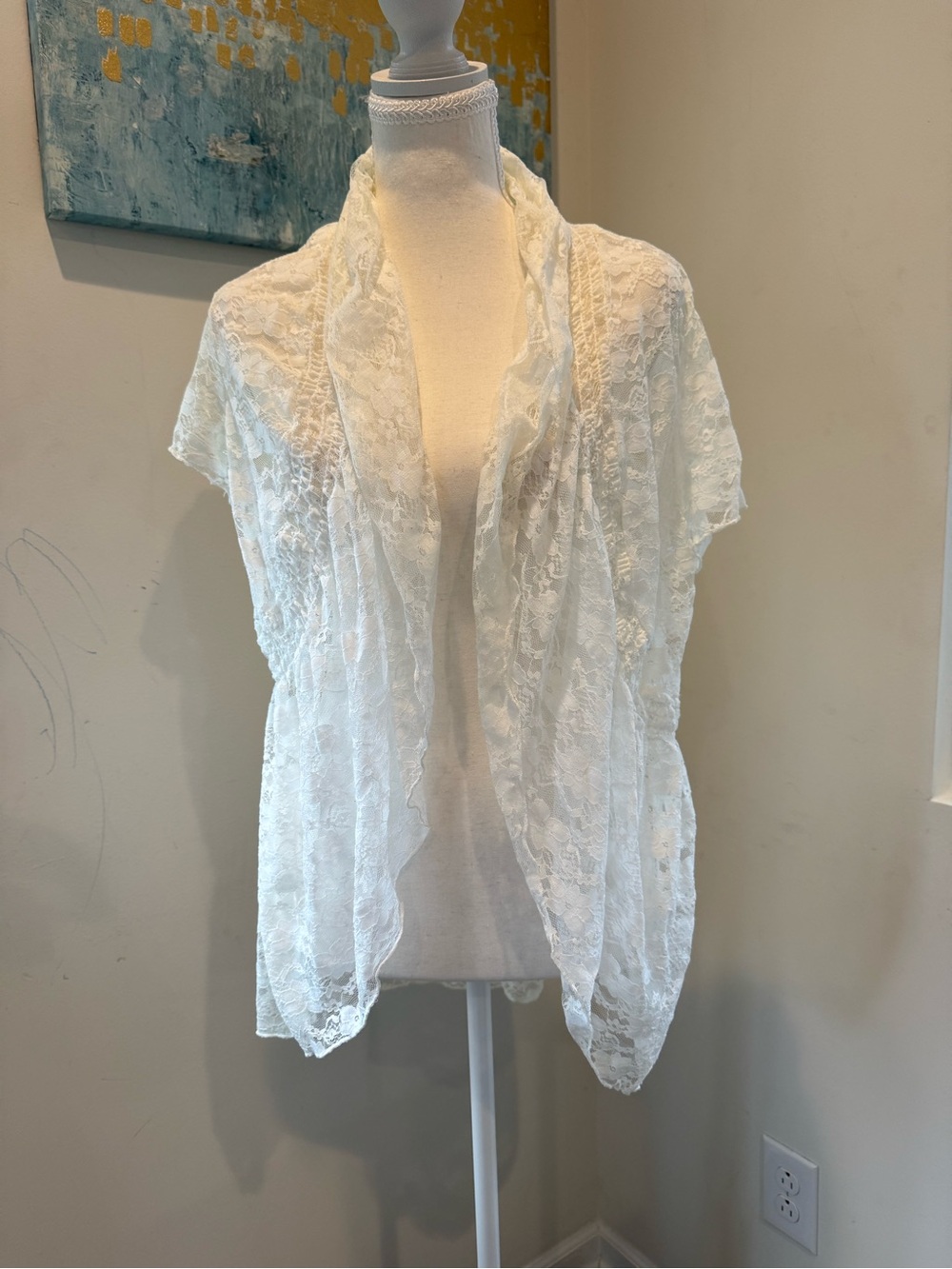 White Lace Draped Open Front Cardigan
